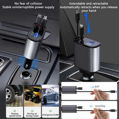 100W Scalable Car Charger 4-in-1 USB C- Cable Suitable