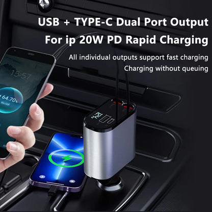 100W Scalable Car Charger 4-in-1 USB C- Cable Suitable