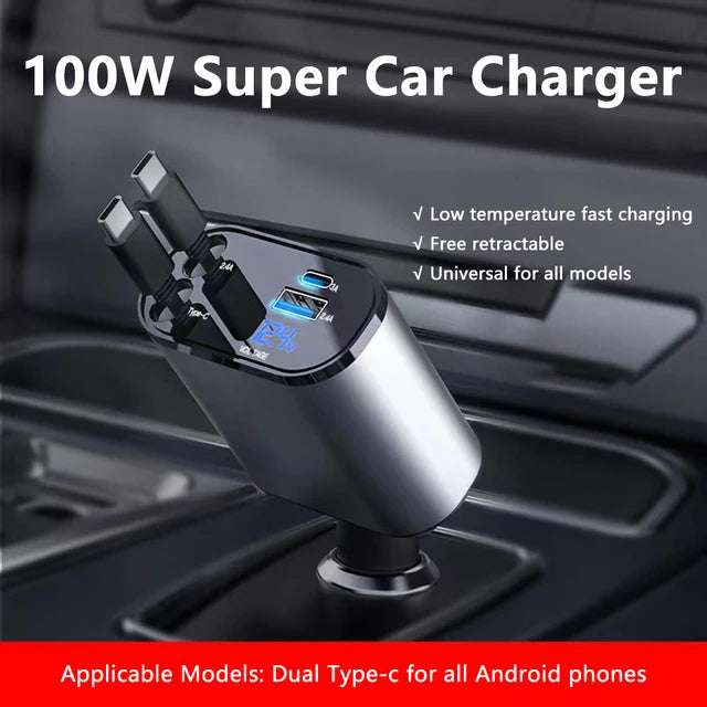 100W Scalable Car Charger 4-in-1 USB C- Cable Suitable